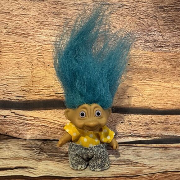 Vintage TNT  Troll Doll Blue Hair Yellow Polka Dot Shirt Stone Pants 3” Figure - Picture 1 of 6